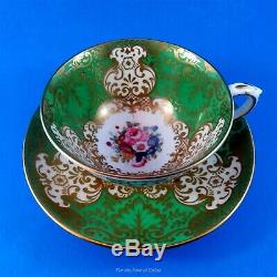 Painted Floral Bouquet Center & Green Crown Staffordshire Tea Cup & Saucer Set