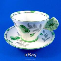 Painted Pansy Flower Handle Royal Paragon Green Florals Tea Cup and Saucer Set