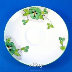 Painted Pansy Flower Handle Royal Paragon Green Pansy Tea Cup and Saucer Set