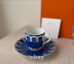 Pair HERMES Coffee Demitass Cup & Saucer Set 3.3oz Bleus d'Ailleurs NEW in Box