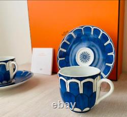 Pair HERMES Coffee Demitass Cup & Saucer Set 3.3oz Bleus d'Ailleurs NEW in Box