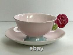 Paragon Candy Pink Rose Handle Tea Cup and Saucer Sets