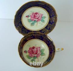 Paragon Cobalt Blue Pink Rose Tea Cup & Saucer Set
