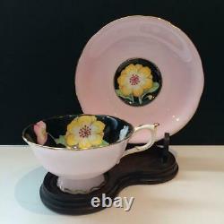 Paragon Peony Pink Hand Painted Teacup & Saucer Set Black Interior E4237