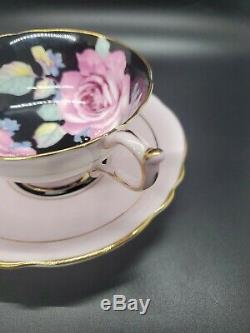 Paragon Roses on Black, And Pink Tea Cup and Saucer Set England Bone China