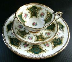 Paragon Teacup & Saucer Trio Antique Set Green with Roses England Heavy Gold