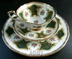 Paragon Teacup & Saucer Trio Antique Set Green with Roses England Heavy Gold