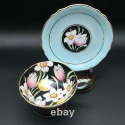 Paragon Tulip Flowers Black + Blue Tea Cup & Saucer Set Dbl Warrant A65711 Cs75