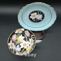 Paragon Tulip Flowers Black + Blue Tea Cup & Saucer Set Dbl Warrant A65711 Cs75