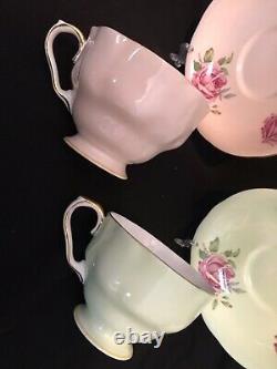 Pastel Pink & Green Roses Aynsley Tea Cup & Saucer Set Display Stand And Saucers