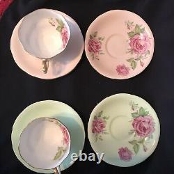 Pastel Pink & Green Roses Aynsley Tea Cup & Saucer Set Display Stand And Saucers