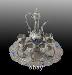 Pharaonic shape metal cup set tray and flask silver color tray 30 cm cups 13