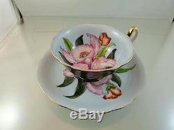 Pink Orchid Baby Blue Pattern Tea Cup & Saucer Set Footed By Merit China Japan