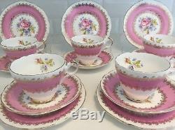 Pink Vintage Bone China Tea Set 5 Teacup Trios Harlequin Rose Rosebud Harrowby