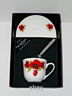 Poppy bone china cup and saucer gift boxed with teaspoon Bright red poppies