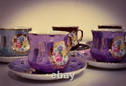 Porcelain Set? RaRe? Vintage 6 Tea Cups 6 Saucers Purple pink Roses