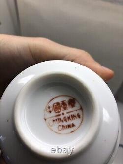 Porcelain tureen Chinese panda gaiwan tea brewer bowl lid cup saucer set of 6