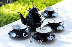 Potter's Studio Black Gold Teapot + 4 Assorted Halloween Tea Cup & Saucer Sets