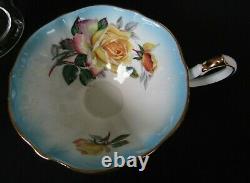 Queen Anne Large Cabbage Roses Light Blue Gold Rimmed Teacup and Saucer Set