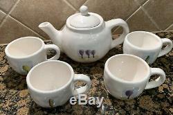RAE DUNN Pottery Barn Tea Garden Believe Teapot & Set of 4 Inspirational Mugs