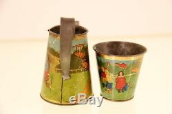 RARE German Tin Childs Toy Pitcher Cup Litho Lithograph Airplane Tea Set Germany