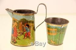 RARE German Tin Childs Toy Pitcher Cup Litho Lithograph Airplane Tea Set Germany