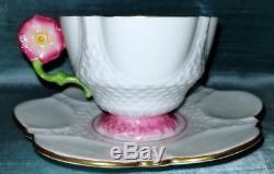 RARE MINT AYNSLEY 1930s FLOWER HANDLE WHITE PINK TEA CUP & SAUCER Set GOLD TRIM