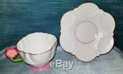 RARE MINT AYNSLEY 1930s FLOWER HANDLE WHITE PINK TEA CUP & SAUCER Set GOLD TRIM