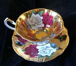 RARE Queen Anne Cup/Saucer Red & White Rose/Blue Daiseys set to a lovely Gold