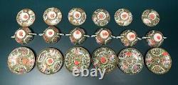 RARE Set of 6 Rose Medallion Double Handle Tea Cups with Lids & Saucers 19th C