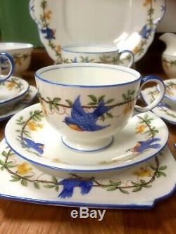 RARE VINTAGE AYNSLEY BLUE BIRD 21 Piece Tea Set Cups Trios Milk Sugar Plate