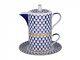 RUSSIAN Imperial Lomonosov Porcelain Set Tea Cup, Saucer, Teapot Cobalt Net Gold