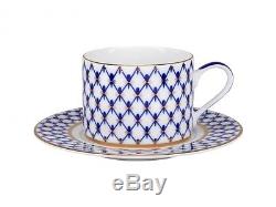 RUSSIAN Imperial Lomonosov Porcelain Set Tea Cup, Saucer, Teapot Cobalt Net Gold