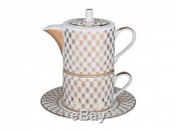 RUSSIAN Imperial Lomonosov Porcelain Set Tea Cup, Saucer, Teapot Net Jazz Gold