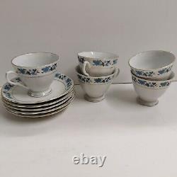 Rare 1970's Blue Flowers Yong Sheng Porcelain Tea Cups and Saucers 10 Piece Set