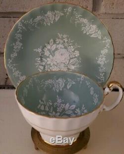 Rare Aynsley Sage Green White Rose Teacup and Saucer Set Bone China England