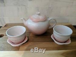 Rare LE CREUSET Flower Teapot w filter Tea Cup Saucer set Powder Pink 22 oz NiB