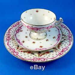 Rare Painted Pedestal Pink Ribbons and Floral Garlands Tea Cup and Saucer Set