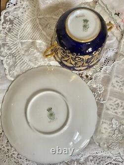 Rare ROYAL DOULTON COBALT & GOLD ENCRUSTED SOUP Tea Cup Saucer SET HP 2449