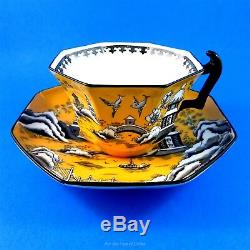 Rare Yellow and Black Oriental Scene Crown Staffordshire Tea Cup and Saucer Set