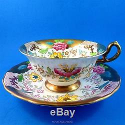 Rich Gold & Painted Pink & Yellow Florals Royal Chelsea Tea Cup and Saucer Set