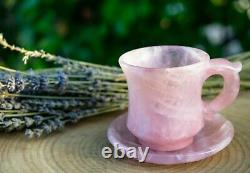 Rose Quartz Crystal Tea Cup Set Hand Carved Ornamental Gemstone Cup & Saucer