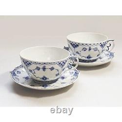 Royal Copenhagen 2 Pcs Set Blue Fluted Full Lace Tea Cups & Saucers Denmark