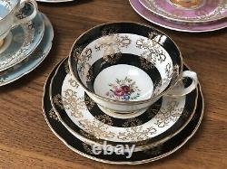 Royal Grafton 4 Trio Set Cabinet Bone China Tea Cup Saucer Plate Blue Pink Black