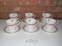 Royal Worcester Bell Shaped Tea Cups and Saucers Holly Ribbons Set of Six