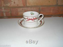Royal Worcester Drum Shaped Tea Cup and Saucer Holly Ribbons Set of Six