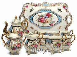 Royalty Porcelain 10pc BLUE Vintage Floral Dining Tea Cup SET for 6, 24K Gold