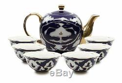 Royalty Porcelain 7-pc Mini Tea Cup Set for 6, Vintage Cobalt Blue Russian
