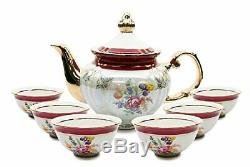 Royalty Porcelain 7-pc Vintage Red Floral Mini Tea Cup Set for 6, Czech Cobalt