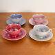 Ruskin Pottery Rare Arts and Crafts Harlequin Eggshell Set of 4 Tea Cups Saucers